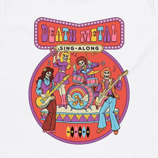A white t-shirt featuring a colorful retro graphic print of the band Death Metal performing live, with 'DEATH METAL SING-ALONG' written in stylized multicolor letters at the top.