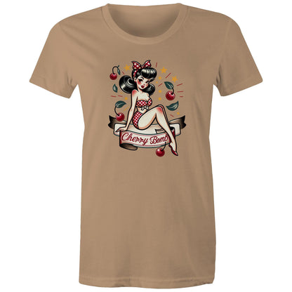 A black women's t-shirt with a printed graphic of a pinup style illustration featuring a character with a bow and stars, and the text 'Cherry Bomb'.