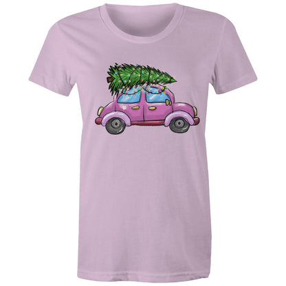 A women's t-shirt with a printed image of a Christmas tree on the front, resembling a car, on a marled background.