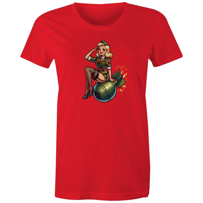 A black women's t-shirt with a printed graphic of a pinup style illustration featuring a character with a bow and stars, and the text 'Cherry Bomb'.