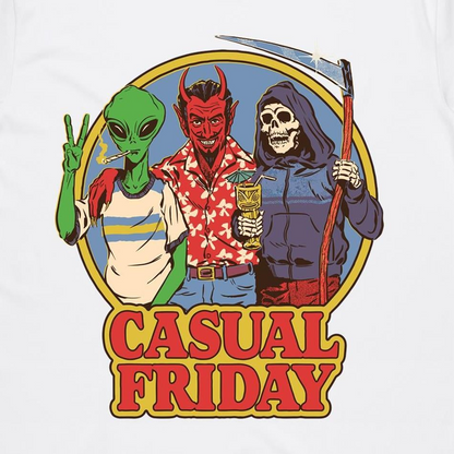 A white t-shirt featuring a colorful graphic print of three cartoon characters: a green alien smoking, a red devil in a red star-patterned shirt holding a cocktail, and a skeleton in a blue hoodie holding a scythe. Below the illustration, the words 'CASUAL FRIDAY' are printed in large red letters with a yellow outline.