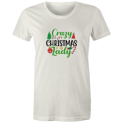 women's crew neck t-shirt with 'Crazy Christmas Lady' text and Christmas themed graphics including Santa, reindeer, and holiday ornaments.