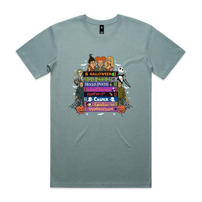 A graphic print featuring cartoon characters and movie titles from the Halloween franchise, including Dr. Seuss, Jack Skellington, Michael Myers, Sally, and various film titles like 'Halloween', 'Bedazzle', 'Hocus Pocus', 'Friday the 13th', 'Casper', and 'Gorillaz vs.