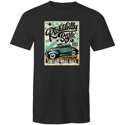 A vintage-style graphic print on a rectangular poster or t-shirt design featuring the words 'Rockabilly Style Fest' and 'Vintage Drag Race' with a green classic car illustration. The design has distressed black lettering, teal starburst shapes, and a tan base, shown against a plain light background.