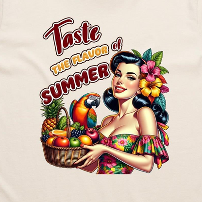 A graphic print on a light beige fabric featuring retro pin-up style artwork with the text 'Taste the flavor of SUMMER' and a woman holding a fruit basket with a parrot.