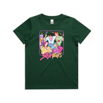 A close-up of a dark green t-shirt featuring a colorful graphic print of five illustrated anime-style boys with the text 'Stu Boys' in pink and yellow stylized lettering.