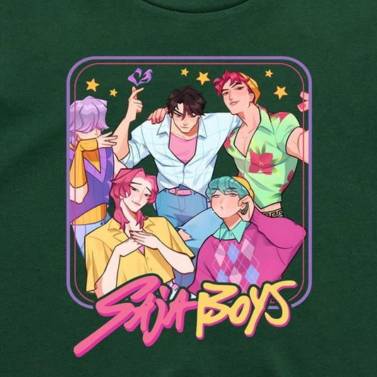 A close-up of a dark green t-shirt featuring a colorful graphic print of five illustrated anime-style boys with the text 'Stu Boys' in pink and yellow stylized lettering.