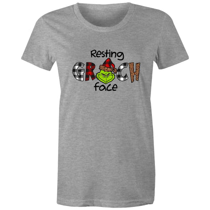 A white women's maple tee with 'Resting GRINCH FACE' printed on the front.