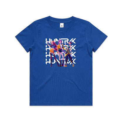 A close-up of a t-shirt featuring a graphic print of three stylized female anime characters in colorful outfits, overlaid with the word 'HUNTRX' repeated vertically in large white letters.