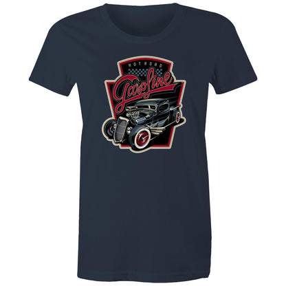 women's t-shirt with a graphic print of a vintage car and the text 'Hot Road Gasoline' on the front.