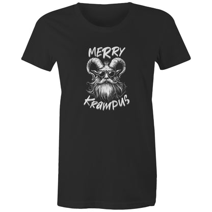A black graphic print featuring a stylized ram-headed bearded man wearing sunglasses, with the words 'MERRY KRAMPUS' in a white hand-drawn font.