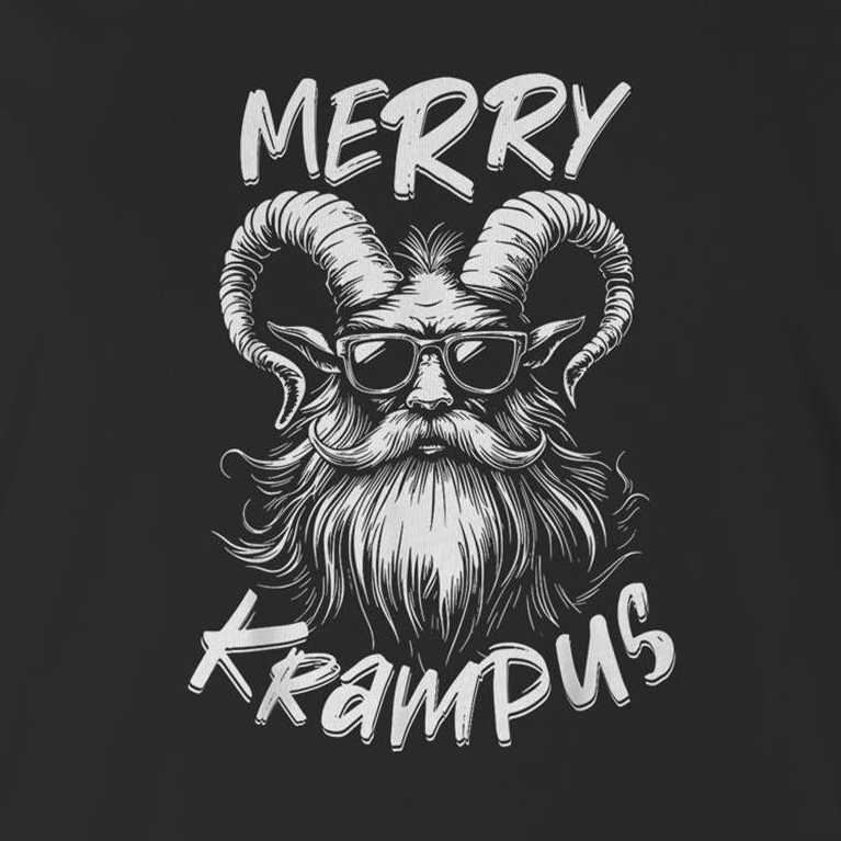 A black graphic print featuring a stylized ram-headed bearded man wearing sunglasses, with the words 'MERRY KRAMPUS' in a white hand-drawn font.