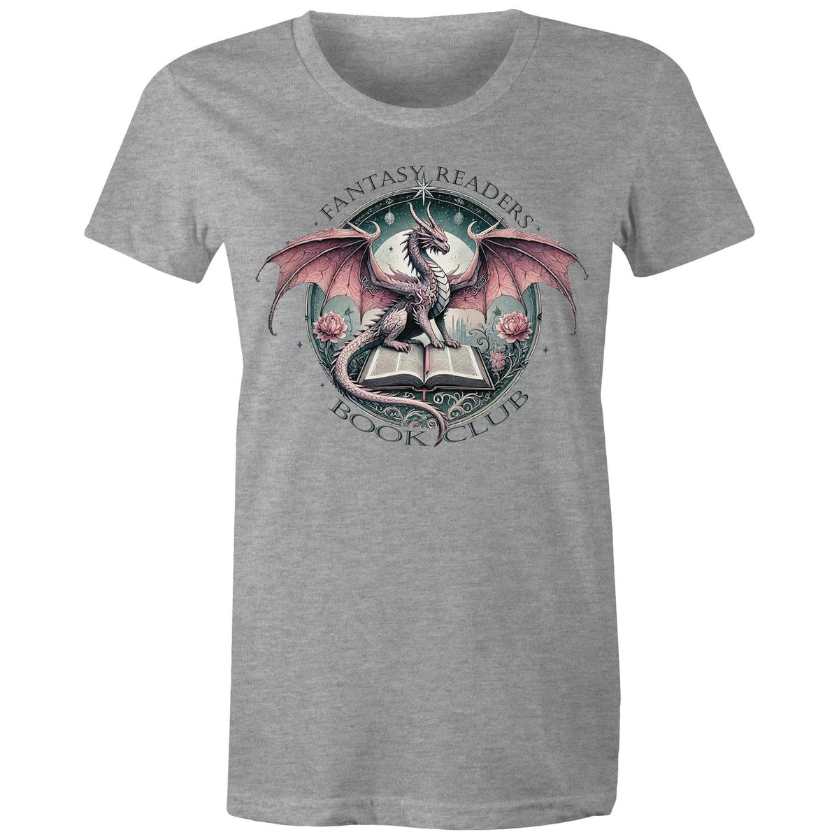 A close-up of a white t-shirt featuring a detailed graphic print of a fantasy dragon perched on an open book, with the text 'FANTASY READERS' above and 'BOOK CLUB' below.