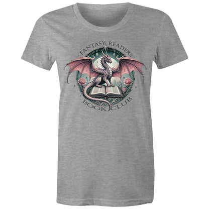 A close-up of a white t-shirt featuring a detailed graphic print of a fantasy dragon perched on an open book, with the text 'FANTASY READERS' above and 'BOOK CLUB' below.