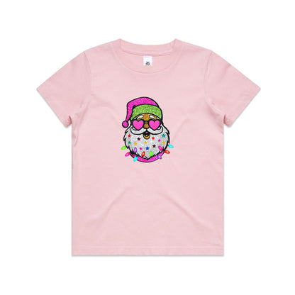 A festive embroidered Santa face design on fabric background. The Santa figure has a glittery pink Santa hat, heart-shaped pink glasses, a white beard decorated with colorful stars, and colorful Christmas lights around the bottom.