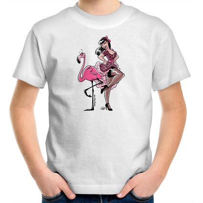 youth t-shirt with a graphic print of a flamingo wearing a tutu and a feather boa, seated on a chair.