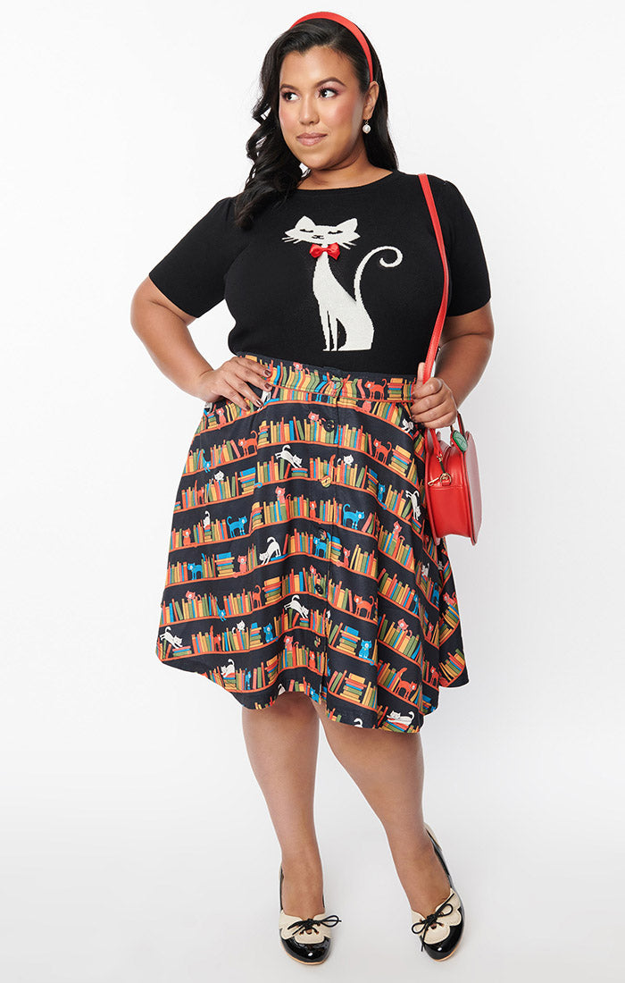 Black Library Cats Buttoned Swing Skirt| Unique-Vintage