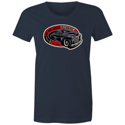 A close-up of a t-shirt featuring a vintage-style graphic print of a black classic car with red, white, and black text reading 'HOT ROD GARAGE OLD SKool' and 'Vintage Iron National Speedway'.