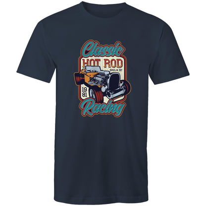 A vintage-style graphic print featuring a hot rod car with an exposed engine, surrounded by the words 'Classic Hot Rod Racing' and '1981 BRKLN. NY' 