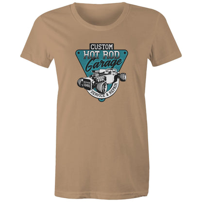 A beige colored women's t-shirt with a 'Custom Hot Rod Garage' graphic print in the center.