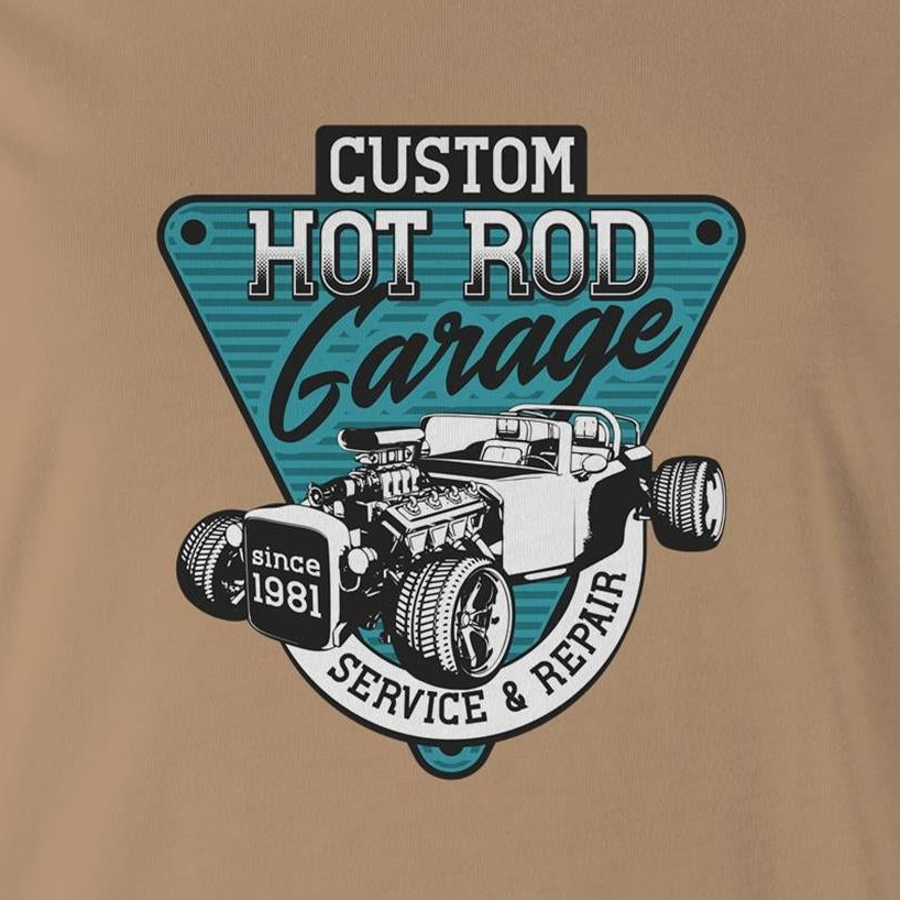 A beige colored women's t-shirt with a 'Custom Hot Rod Garage' graphic print in the center.