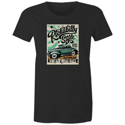 A vintage-style poster graphic on a sage green background, featuring the text 'Rockabilly Style FEST' in black script, a retro green car illustration, and 'VINTAGE DRAG RACE' with the date '13-17 NOV, 20'.