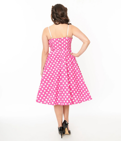 Unique Vintage 1950s Hot Pink & White Polka Dot Cotton Swing Dress