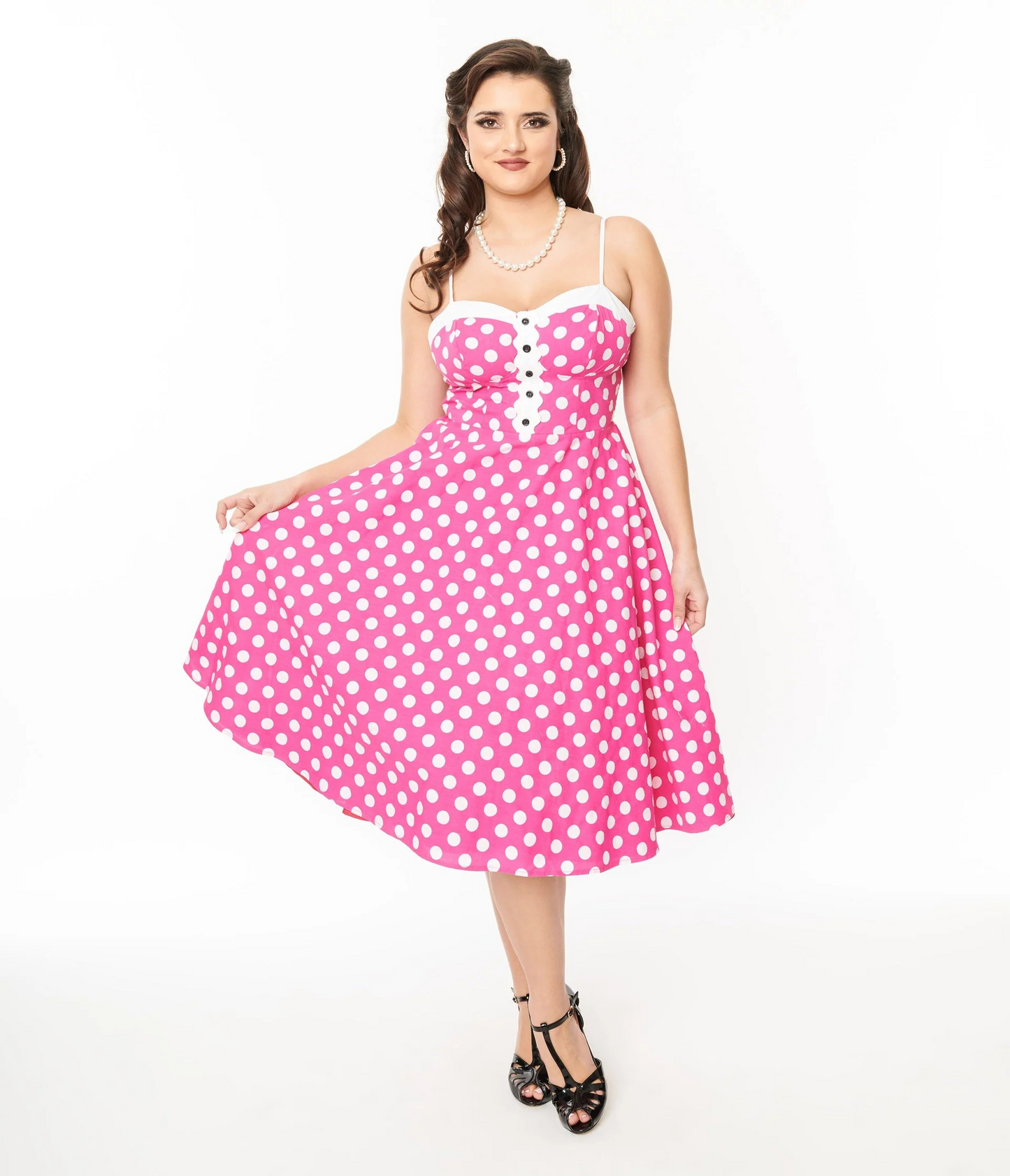 Unique Vintage 1950s Hot Pink & White Polka Dot Cotton Swing Dress