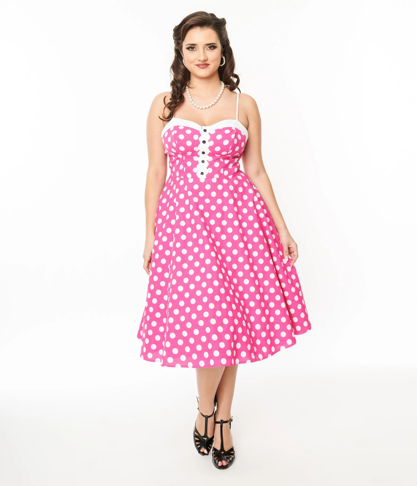 Unique Vintage 1950s Hot Pink & White Polka Dot Cotton Swing Dress