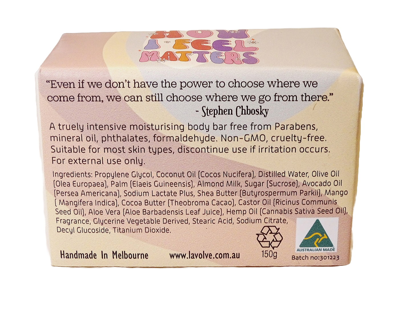 The back of a Lavolve body butter box, showing the product description, ingredients list, and Australian Made label on a white background.