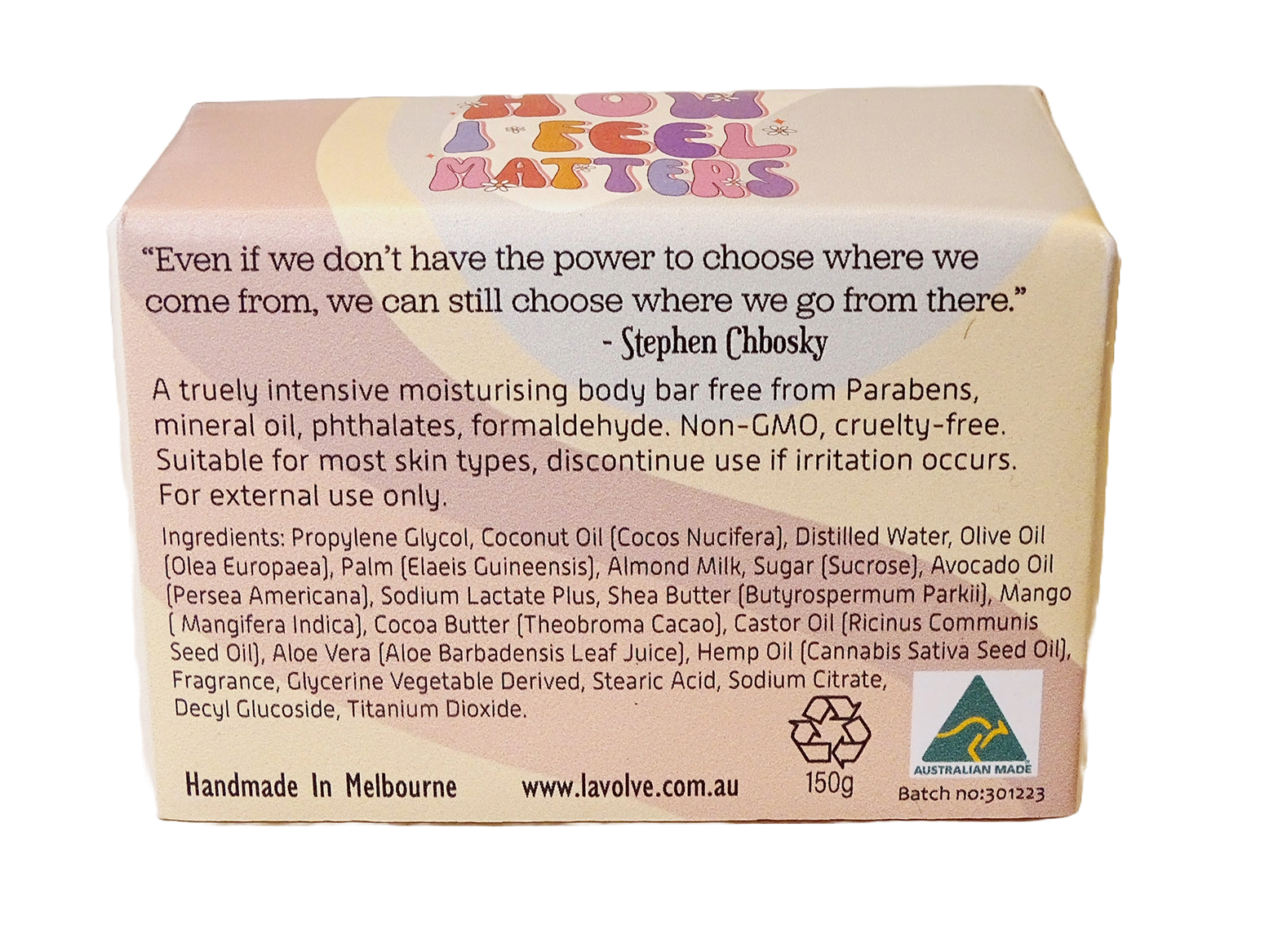 The back of a Lavolve body butter box, showing the product description, ingredients list, and Australian Made label on a white background.