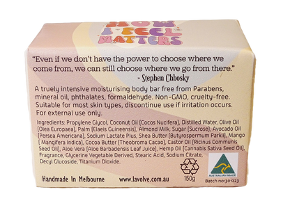 The back of a Lavolve body butter box, showing the product description, ingredients list, and Australian Made label on a white background.