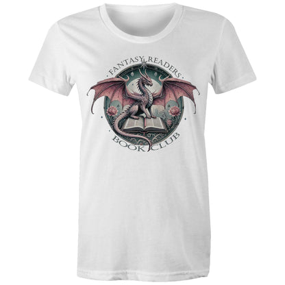 A close-up of a white t-shirt featuring a detailed graphic print of a fantasy dragon perched on an open book, with the text 'FANTASY READERS' above and 'BOOK CLUB' below.