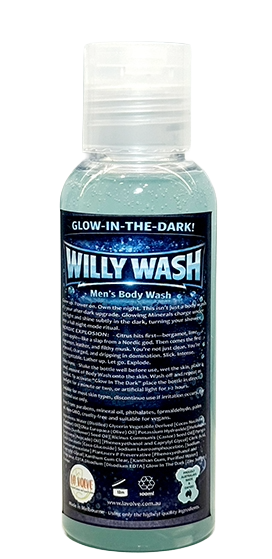 A bottle of Willy Wash Men's Body Wash with glow-in-the-dark liquid inside, featuring a clear cap and a dark blue label with white text.