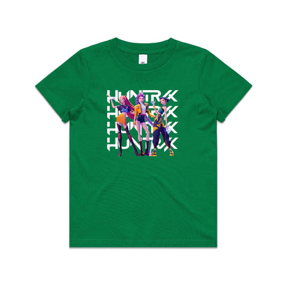 A close-up of a t-shirt featuring a graphic print of three stylized female anime characters in colorful outfits, overlaid with the word 'HUNTRX' repeated vertically in large white letters.