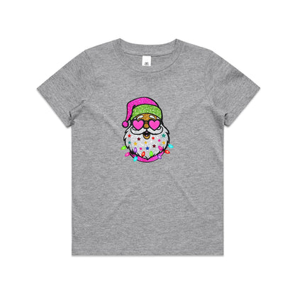 A festive embroidered Santa face design on fabric background. The Santa figure has a glittery pink Santa hat, heart-shaped pink glasses, a white beard decorated with colorful stars, and colorful Christmas lights around the bottom.