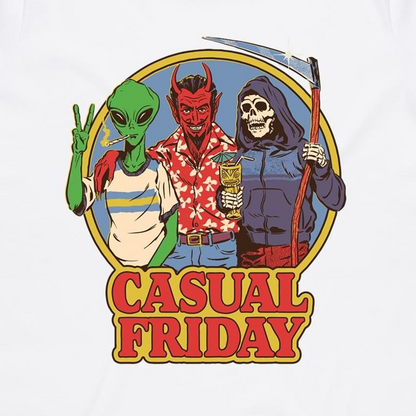 A white t-shirt featuring a colorful graphic print of three characters: a green alien smoking, a red devil in a red Hawaiian shirt holding a cocktail, and a skeleton in a purple hoodie holding a scythe. Below the illustration, the words 'CASUAL FRIDAY' are printed in large red letters with a yellow outline.