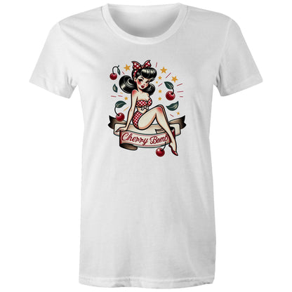 A black women's t-shirt with a printed graphic of a pinup style illustration featuring a character with a bow and stars, and the text 'Cherry Bomb'.