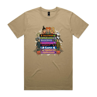 A graphic print featuring cartoon characters and movie titles from the Halloween franchise, including Dr. Seuss, Jack Skellington, Michael Myers, Sally, and various film titles like 'Halloween', 'Bedazzle', 'Hocus Pocus', 'Friday the 13th', 'Casper', and 'Gorillaz vs.