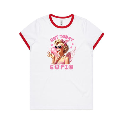 A white women's ringer tee with the text 'Not Today Cupid' and a graphic of a woman holding a pink heart.