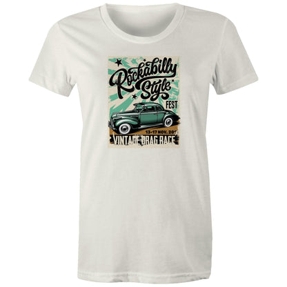 A vintage-style poster graphic on a sage green background, featuring the text 'Rockabilly Style FEST' in black script, a retro green car illustration, and 'VINTAGE DRAG RACE' with the date '13-17 NOV, 20'.