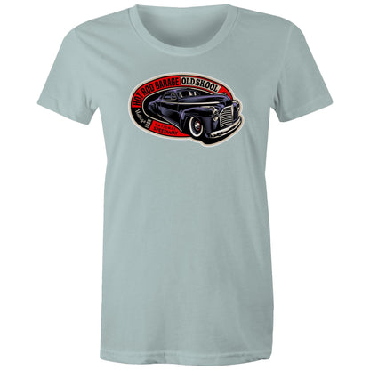 A close-up of a t-shirt featuring a vintage-style graphic print of a black classic car with red, white, and black text reading 'HOT ROD GARAGE OLD SKool' and 'Vintage Iron National Speedway'.
