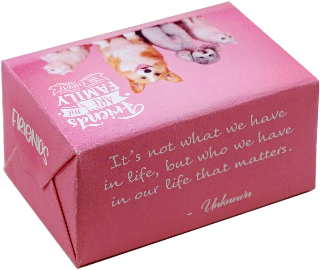 A pink rectangular gift box with printed dog illustrations and white text reading 'Friends are family' and a quote, photographed on a plain white background.