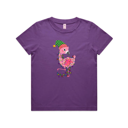 A pink cartoon flamingo wearing a green and red plaid Santa hat, wrapped in colorful Christmas lights, printed on a white fabric background.