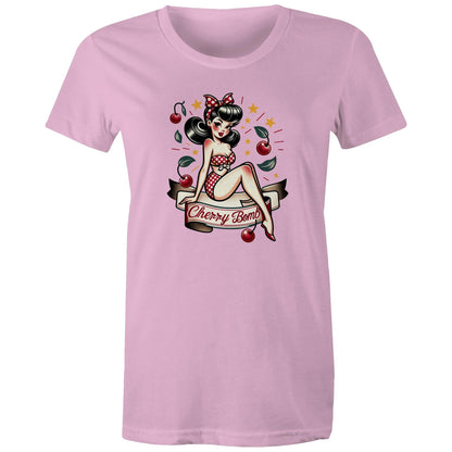 A black women's t-shirt with a printed graphic of a pinup style illustration featuring a character with a bow and stars, and the text 'Cherry Bomb'.