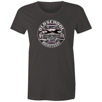 A close-up of a heather gray t-shirt featuring a circular graphic print of a vintage car with the text 'OLD SCHOOL ROCKSTEADY' and 'SINCE 1949'.