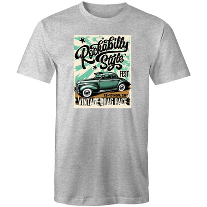 A vintage-style graphic print on a rectangular poster or t-shirt design featuring the words 'Rockabilly Style Fest' and 'Vintage Drag Race' with a green classic car illustration. The design has distressed black lettering, teal starburst shapes, and a tan base, shown against a plain light background.