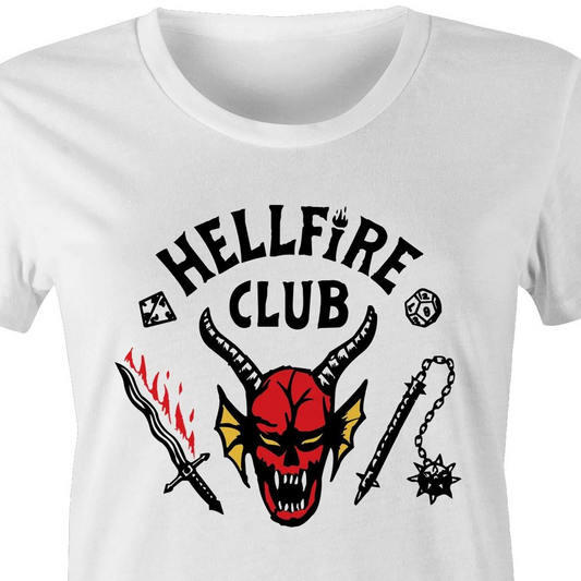 White short-sleeve crewneck t-shirt featuring a graphic print with the text 'HELLFIRE CLUB' in black arched above a red horned devil head, a black sword with red flames, and a black spiked mace.