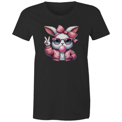 A pink graphic print on a light pink background, featuring a cartoon rabbit wearing a pink bow, pink sunglasses, a pink bomber jacket, and blowing a pink bubblegum bubble while making a peace sign.