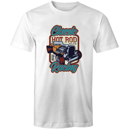 A vintage-style graphic print featuring a hot rod car with an exposed engine, surrounded by the words 'Classic Hot Rod Racing' and '1981 BRKLN. NY' 